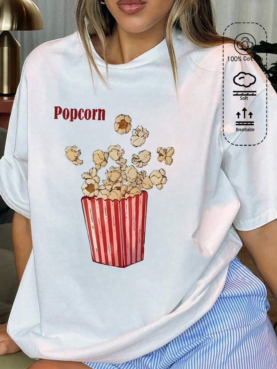 100% Cotton Women's T-Shirt, Popcorn Pattern T-Shirt, Spring/Summer All Seasons New Sports Women's Wear, Fashionable Soft Breathable Women's Short Sleeve Top - White - View 1