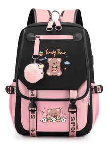 Multi Functional Lightweight Backpack, Fun Bear Design, Pink Plush Decoration, Simple, Fresh, Large Capacity Lightweight Spine Protection Backpack, Lightweight Travel Backpack, Suitable For Daily Commuting And Travel Use, Perfect Holiday Gift Choice - Multicolor - View 9