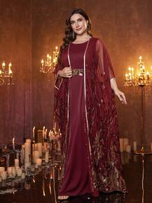 SUPGIR Đầm Abaya dài tay bằng vải lưới cỡ lớn dành cho nữ, kèm thắt lưng đính sequin, thích hợp cho mùa xuân. - Màu Đỏ Sâu - Xem 6