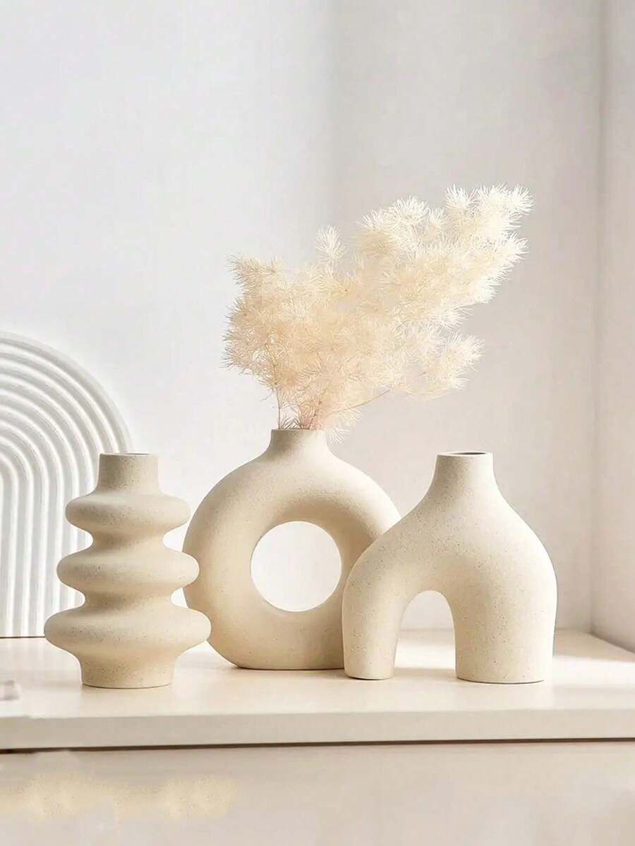 3件套波西米亚风白色花瓶套装，几何图案花瓶套装，北欧折纸花瓶，ins风花瓶，适用于餐桌、客厅、玄关、电视柜，甜甜圈造型花瓶，家居装饰 - 米色. - 查看 1