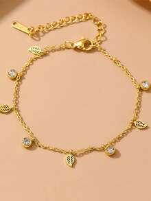 时尚叶形吊坠，锁骨链项链，休闲风格手链，女士大气宴会礼物，可作为惊艳配饰 - 金色 - 查看 10