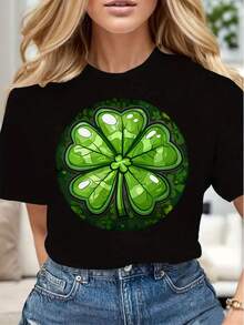 Four Leaf Clover Print Women Casual T Shirt Soft Comfortable Gift For St Patrick Day - 黑色 - 查看 1