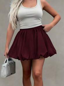 Solstice Apparel Bubble Pleated High Waist A-Line Mini Skirt, Burgundy Woven Fabric, Suitable For Commute, Daily Wear, Date, Spring/Summer, Valentine's Day - Burgundy - View 5