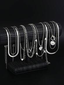 13pcs/12pcs/9pcs/3pcs Fashion Minimalist Silver Butterfly & Heart Faux Pearl Multi-Layer Necklace Set, Women Birthday Vacation Party Gifts, Match With Daily Outfits And Party Accessories - Silver - View 4