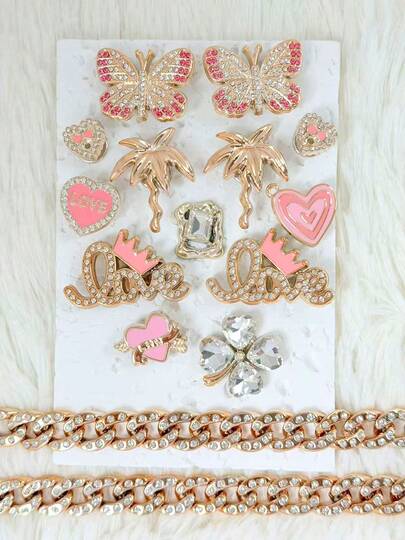 15pcs Gold Glitter Rhinestone Butterfly & Heart Shoe Charms, Bicolor, Decorative Function, Alloy + Rhinestone + Enamel Material, Luxurious Sweet Cool Style, Suitable For Hollow Out Clogs