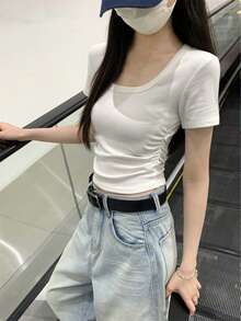 修身U领纯色短袖T恤，褶皱设计，露脐短款上衣，休闲白色夏季款 - 白色 - 查看 4