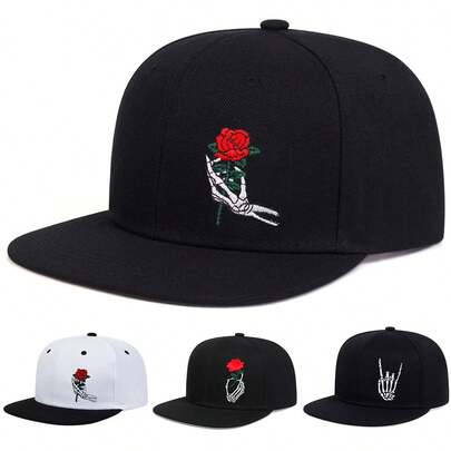 1pc Men's Skull Hand Rose Embroidered Snapback Hat, Street Hip Hop Fashion Casual Cap For Spring, Autumn, Travel, Beach