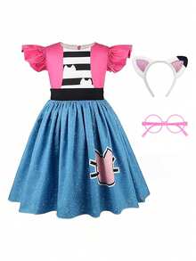 Bộ 3 món trang phục dự tiệc sinh nhật, Halloween, lễ hội cho bé gái, bao gồm váy, băng đô và kính. - Màu Hoa hồng đỏ - Xem 1