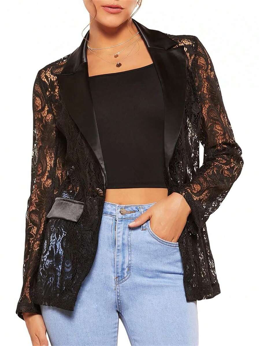 Women's Fashion Blazer Floral Lace Mesh Single Button Lapel Long Sleeve Elegant Jacket Blazer - 黑色 - 查看 1