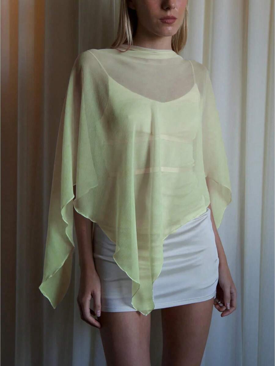 Women Sheer Poncho Tops .Y Y2k Sheer Off Shawls Shrug Summer Beach Wedding Scarf Shawls .Y Cover Up Cape Shirt Beachwear - 黃色 - 查看 1