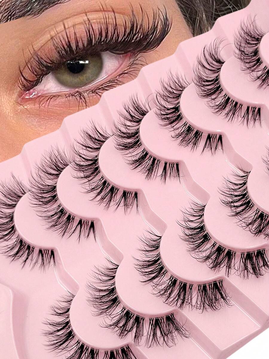 Asiteo 7 Pairs Messy Natural Cat Eye Lashes Clear Band Lashes Cat Eye Look Wispy Lashes Eye End Elongated Full Strip Soft Natural Realistic False Eyelashes, For Wedding, Bridesmaid, Vocation, Dates, Parties - Cat Eye Lashes - View 1