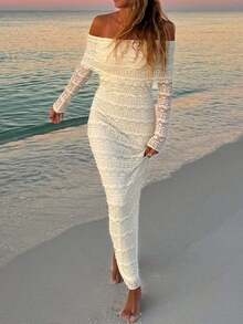 1 Pc Off Shoulder Long Sleeve Form-Fitting Sexy Minimalist Sexy Mini Dress - Màu be - Xem 4