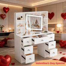 Valentine's Surprise For Her | Premium Solid Wood Makeup Vanity, 3-Speed Soft LED Mirror, Space-Saving Storage, Easy Assembly, Perfect Gift To Decorate Her Exclusive Beauty Corner - White - View 10
