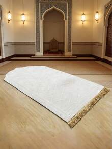 1 buah Sajadah Bermotif Bunga Elegan - Bahan Flanel Lembut, Dapat Dicuci dengan Mesin, Alas Nyaman Persegi Panjang, Dengan Aksen Emas Desain Masjid, Cocok untuk Penggunaan Dalam Ruangan, Garis-garis Putih dengan Rumbai Beludru - Putih - View 5