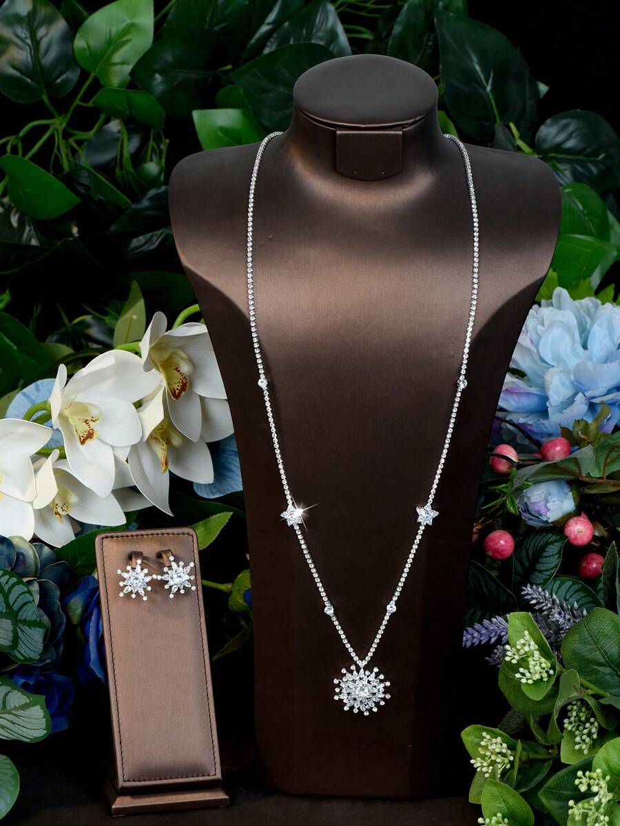 Bộ trang sức hình ngôi sao năm cánh đính đá Cubic Zirconia sang trọng, thích hợp làm quà tặng sinh nhật cho nữ. - Bạc - Xem 1