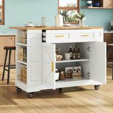 Modern Kitchen Island, Kitchen Cabinet, Sideboard, Wood-Look Dining Cart, Buffet, Multifunctional Dining Table With Storage, Dining Cart With Extendable Cupboards, White - White - View 12