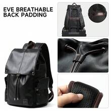 Mochila de cuero para hombres que cabe laptop de 15.6" Mochilas vintage impermeables con cordón para viajes y trabajo diario, color negro - Negro1 - Ver 5