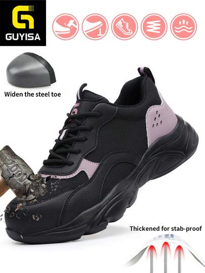 GUYISA Women's Safety Shoes With Steel Toe Anti-Smash, Anti-Puncture, Lightweight, Black & Pink, Fashion Steel Mesh Breathable, Scratch-Resistant, Suitable For All Seasons, Rubber Sole Work Safety Shoes