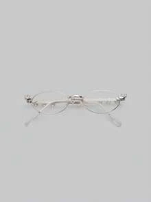 DareSee 1pc Fashionable Small Frame Oval Rhinestone Decor 9-Carat Women's Indoor Computer Reading Outdoor Versatile Decorative Clear Lens Glasses Music Fest - Clear - View 3