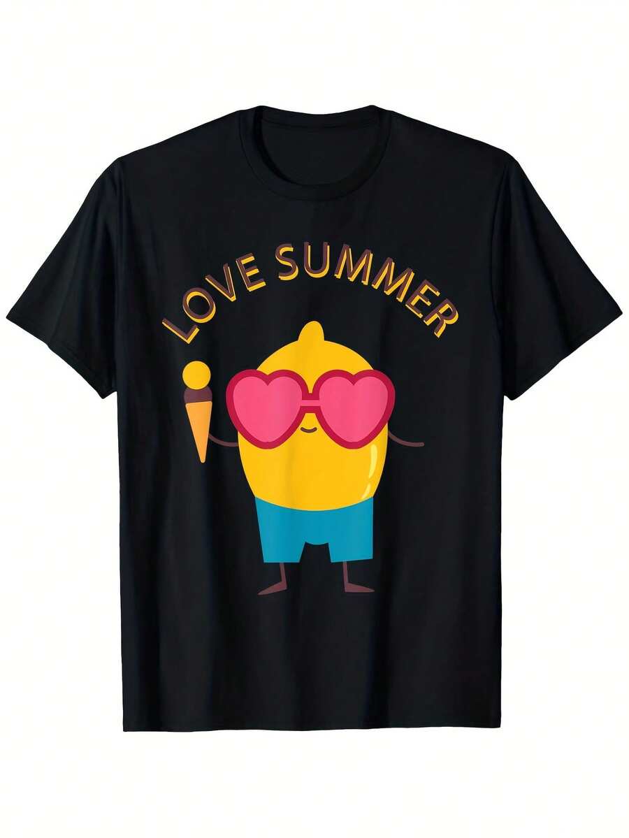 Camiseta gráfica "Love Summer Ice Cream" para hombre - 100 % 180 g - Camiseta informal de calle con estampado de helado y corazón, color negro con letras amarillas, cuello redondo, manga corta - Negro 30 - Ver 1