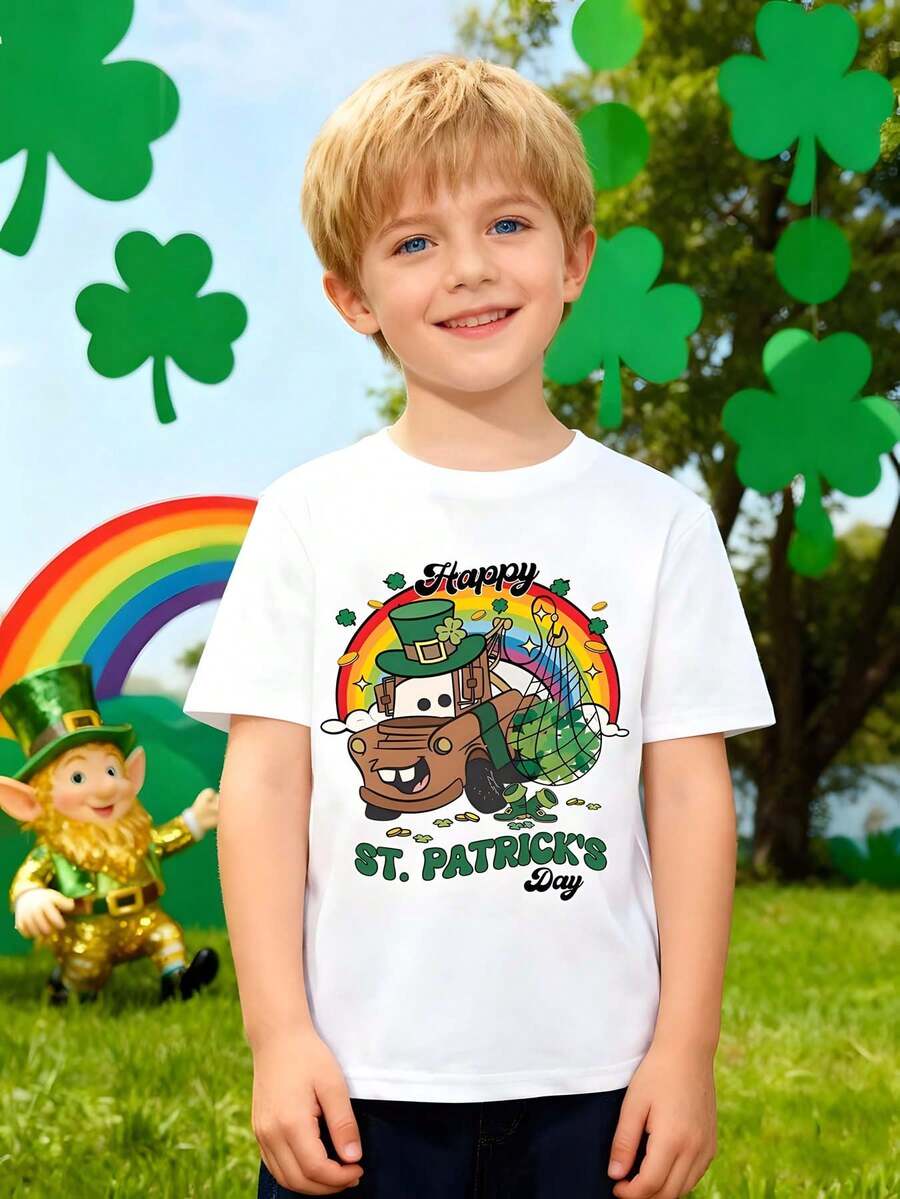 Disney St. Patrick's Day-Themed T-Shirt, Cars Lettering Cartoon Print Boys' T-Shirt. Made Of Soft, Comfortable 100% Cotton Fabric That's Breathable And Durable. Spring/Summer Children's T-Shirt, Unisex For Boys And Girls. Perfect As A Gift For Little Ones. - trắng - Xem 1