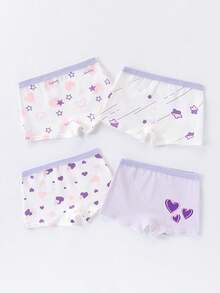 4pcs/Pack Girls' Cute Heart & Star Cartoon Print Briefs, Suitable For All Seasons - Mauve Purple - View 3