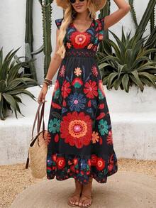 New Autumn Lightweight V-Neck All-Over Cute Leaf & Floral Print Bohemian Casual Pleated Ruffle Hem Waist Splice Maxi Dress, Suitable For Music Festivals, Women's Holidays, Country Music Concerts, Graduation, Parties, Back To School, Teacher's Day, Halloween, Christmas - 黑色 - 查看 2