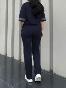 2pcs Women's Spring/Autumn Round Neck Short Sleeve T-Shirt And Elastic Waist Loose Pants Set, Casual Daily Wear - Royal Blue 66 - View 5