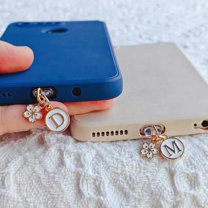 1 pieza Encantador tapón antipolvo para teléfono con flor y letra, tapa antipolvo para teléfono con flor de cerezo blanca y inicial A-Z, adecuado para decoración de teléfono DIY, compatible con puerto tipo C, regalo para fiesta festiva