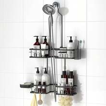 Adjustable Shower Caddy Hanging Rustproof Shower Caddy For Handheld Showerheads, Shower Organizer With Hooks Soap Holder Toothbrush Holder, Anti-Swing Shower Rack Bathroom Accessories - 黑色 - 查看 10