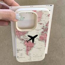 Pink World Map Airplane Pattern Phone Case For The Entire  Series A54, A52 Soft Case, A13 Matte, S24 Full Coverage, S20Fe/S21Plus/S22/S22 Ultra, Compatible With Galaxy S23/A05/A12/A13/A15/S22/S23.,Suitable For IPhone17 Air - 白色 - 查看 3
