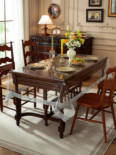 Khăn trải bàn trong suốt, viền hình thoi màu bạc, tấm bảo vệ bàn bằng nhựa trong suốt 100% chống thấm nước, hình chữ nhật bằng vinyl, chống dầu mỡ và dễ lau chùi.