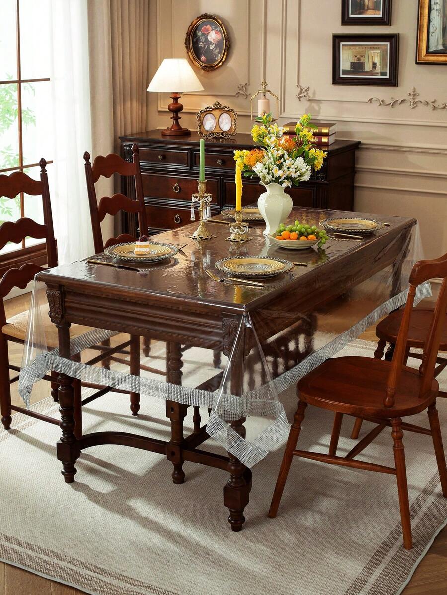 Khăn trải bàn trong suốt, viền hình thoi màu bạc, tấm bảo vệ bàn bằng nhựa trong suốt 100% chống thấm nước, hình chữ nhật bằng vinyl, chống dầu mỡ và dễ lau chùi. - Nhiều màu - Xem 1