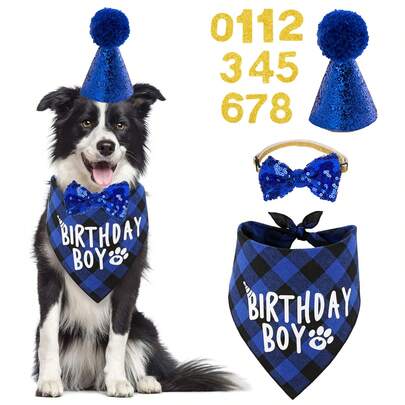 Dog Birthday Party Supplies Birthday Boy Girl Cake Bandana Triangle Scarf Party Hat Dog Bow Tie Collar With Numbers For Large Medium Small Dog Puppy Birthday(Elegant Style,Medium,Numbers Can Be DIY)