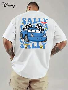 Disney Authorized-Car Story, 11 Disney Official Authorized Lightning Sally Men's T-Shirts-Lightning McQueen Racing Logo And Sally Back Printing, Suitable For Movie Fans, Theme Parties And Leisure Wear Short Sleeves In Summer. - trắng - Xem 1