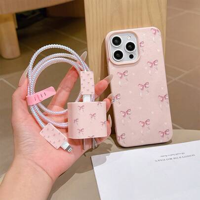 6-In-1 Pink Leather Texture Bow & Heart Pattern Phone Case + Charger Head Cover + Cable Protector + Storage Cord + Data Cable Winding Rope TPU Shockproof Protective Case Compatible With Iphone 6/7/8/X/XS/XR/11/12/13/14/15/16/17 Pro Max, Suitable As Birthday And Christmas Gifts For Girlfriends, Daughters, Couples
