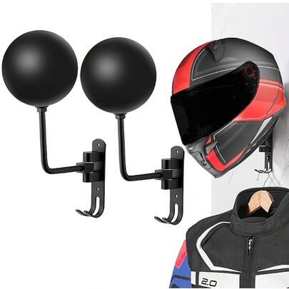 1 Set Soporte de pared multifuncional para casco, soporte esférico para casco con diseño montado en la pared que ahorra espacio, estructura de metal con almohadilla protectora suave para evitar arañazos, ganchos adicionales incorporados para guantes, llaves, sombreros, máscaras y otros accesorios, adecuado para cascos de motocicleta, bicicleta, trineo, esquí y otros deportes, excelente para organizar el garaje, la entrada, el armario, el hogar y la tienda.