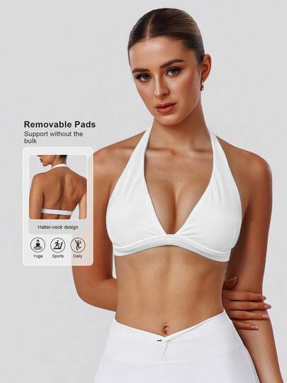 Sodalemon Women's V-Neck Seamless Sports Bra Camisole, Elastic Outdoor Yoga Activewear, Solid Color Fitness Running Sports Bra