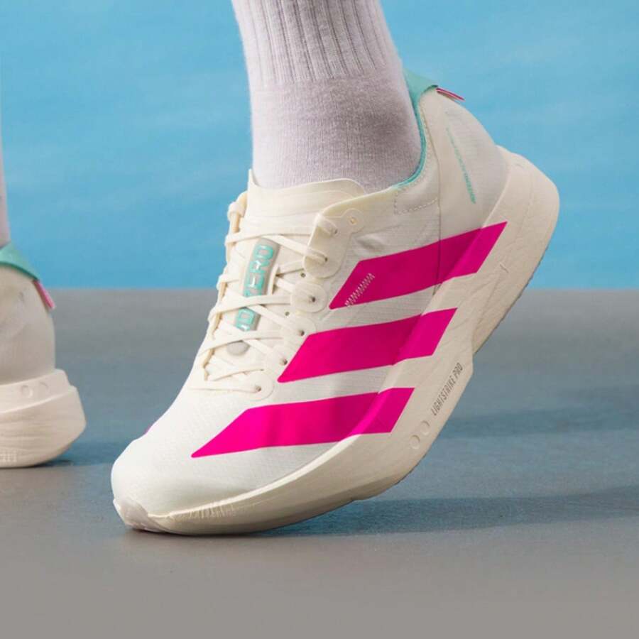 Adidas 男鞋全新 ADIOS PRO 4 M馬拉松跑步運動鞋 - 米色/粉紅色 - 查看 1