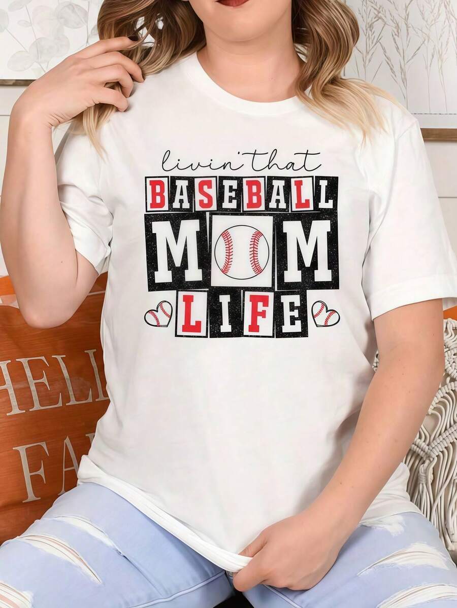 Retro Baseball Mom T Shirt, Glitter Baseball Shirt, Funny Baseball Mama Life Shirt, Loose Style For Women, Perfect For Holiday Parties & Gift - White - View 1