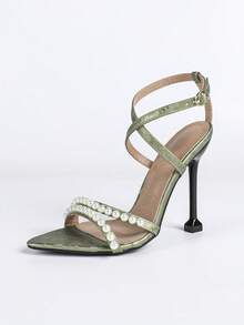 女士印花珍珠一体式搭扣高跟凉鞋，交叉系带尖头镂空细高跟时尚鞋 - 綠色 - 查看 7