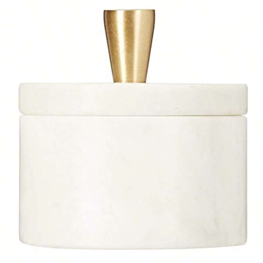 Queenza White Marble Salt Cellar With Lid And Brass Knob 3 Inch Salt Box - White - View 1