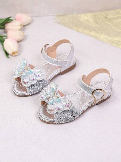 1 Pair 2026 New Girls' Sparkling Butterfly Rhinestone Sequin Anti-Slip Casual Low-Top Sandals, With Buckle Strap Design, Suitable For School, Daily Wear, Family Picnics, Children's Outdoor Park