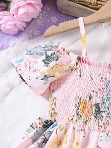 Young Girl Floral Ruffle Jumpsuit, Suitable For Summer Vacation - Pink - View 5