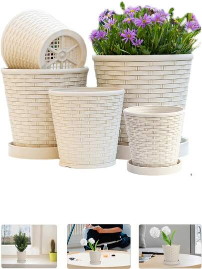 1pc Reinforced Faux Bamboo Woven Resin Planter, Minimalist Greenery Pot, Nordic Style, Indoor/Outdoor Balcony Flower Pot With Drainage Hole And Tray, Suitable For Ivy, Succulents, Floral And Other Potted Plants, Gardening, Gardening Gift