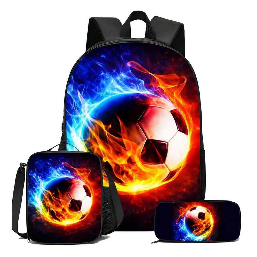 Set de 3 piezas de mochila, lonchera, estuche de lápices y bolsa de almacenamiento con temática de fútbol, fabricado en poliéster, ligero - Mochila - Ver 1