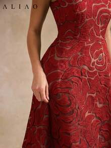 Aliao 优雅蕾丝拼接碎花薄纱玫瑰刺绣无袖连衣裙，端庄大方，适合婚礼季、情人节、白色派对、复古贵族风、宫廷风等场合，吸睛百搭，日常优雅，新年必备，夏季连衣裙，派对礼服，红色连衣裙 - 酒紅色 - 查看 3