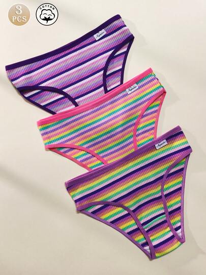 3pcs Women's Colorful Ribbed High Waist Tummy Control Briefs