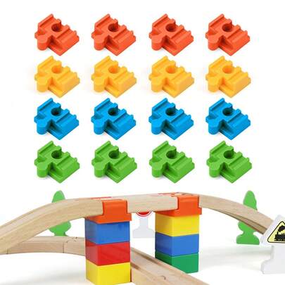 16 Wooden Track And Large Particle Building Block Connectors,4 Colors, Compatible With Wooden Train Tracks And Large Particle Building Blocks For Creative Play
