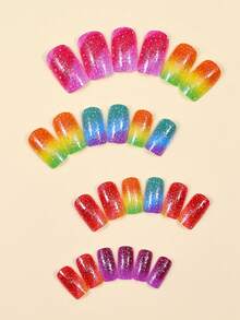24片彩虹渐变闪粉短棺材形假指甲 - 鲜艳的渐变色和闪亮效果，自粘凝胶美甲，适合骄傲月/派对 - 彩色 - 查看 5